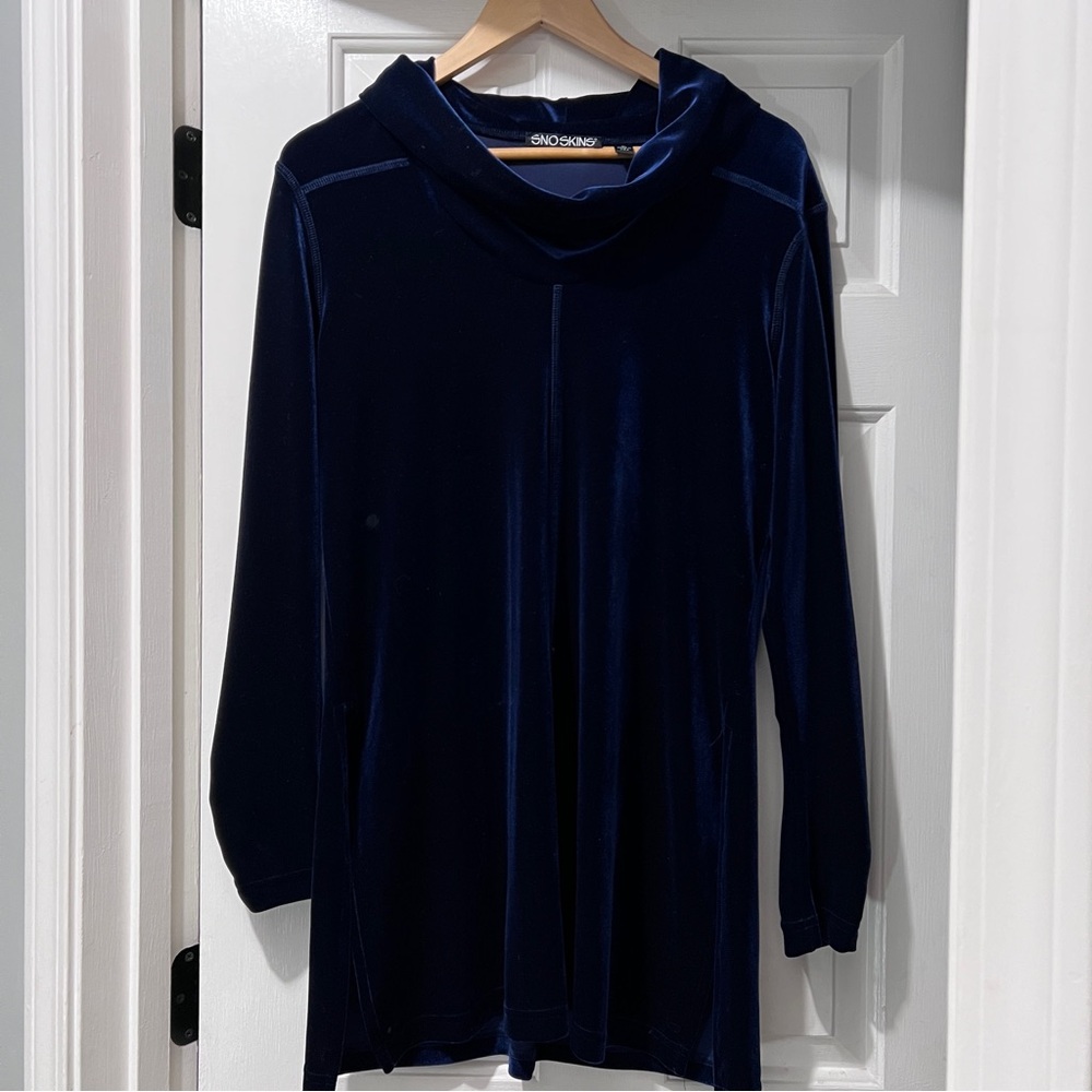SnoSkins Deep Blue Velvet Cowl Neck Tunic Blouse Top Large